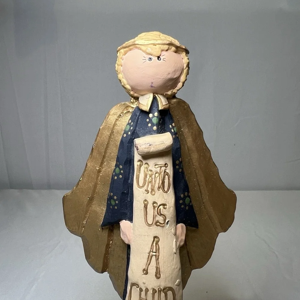 Folk Art Angel Figurine Navy Blue Gold Scroll Unto Us A Child Is Born‎ Primitive